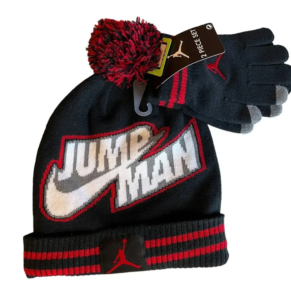 Jordan Jumpman black beanie hat and tech gloves set Youth